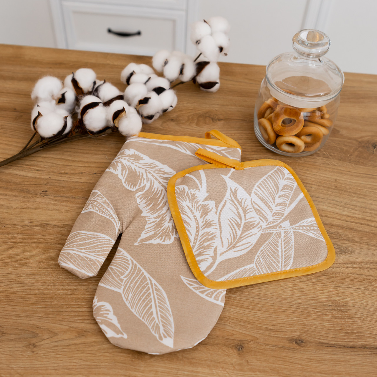 Рукавичка + прихватка водовідштовхувальна "Тропічне листя" (бежева), фото 1