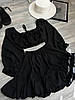 Чорний жіночий легкий повітряний ніжний костюм-двійка з жатки: пишна спідниця та топ із відкритими плечима, фото 3
