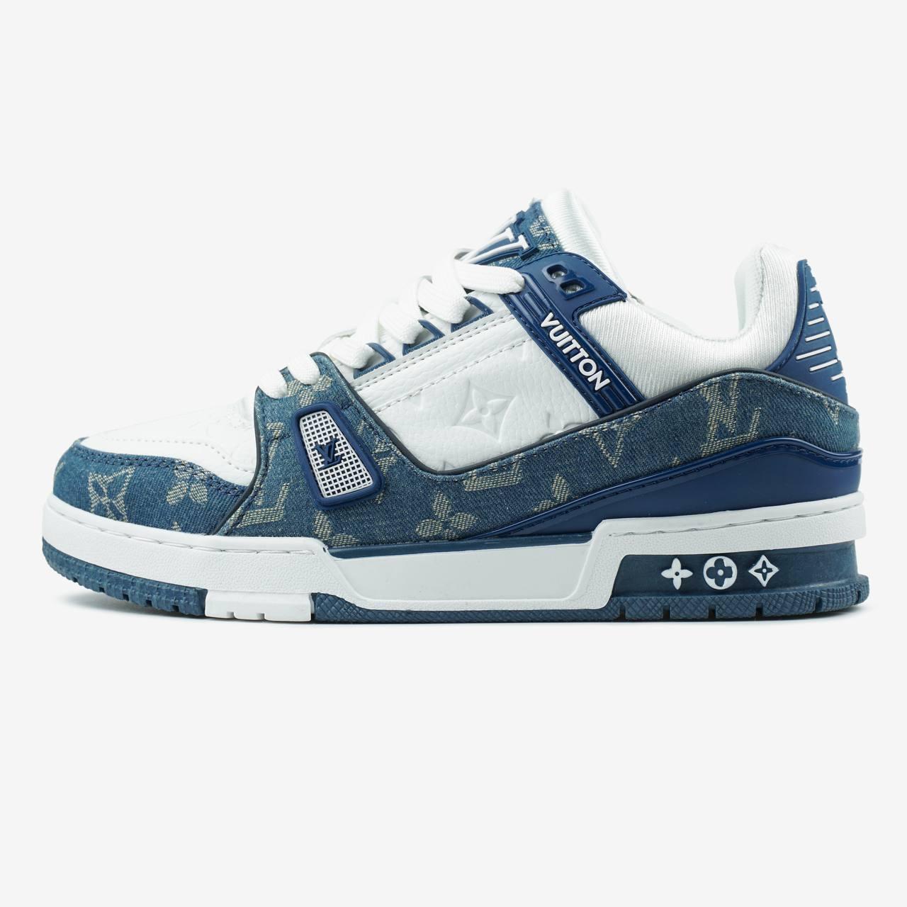 Кросівки чоловічі сині Louis Vuitton LV Trainer Monogram Denim White Blue (15966)