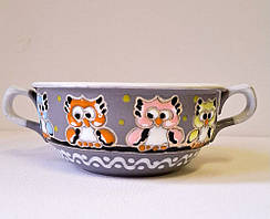 Бульйониця керамічна "Совенята на гілці" в сіренькому кольорі