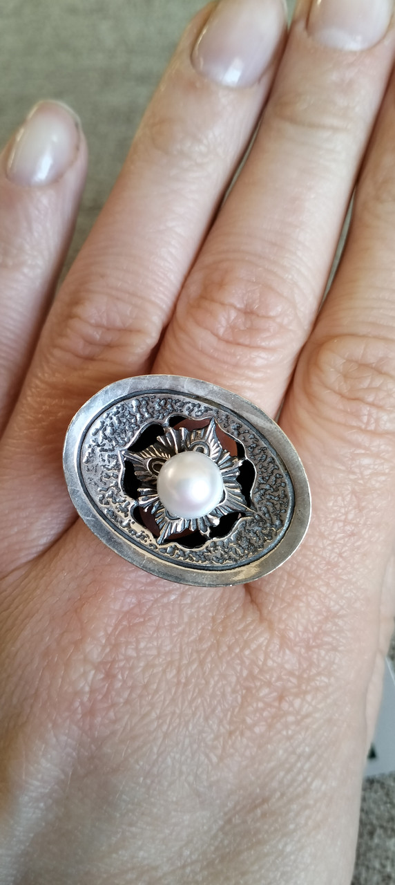 Срібне кільце з культивованою перлиною, фото 1
