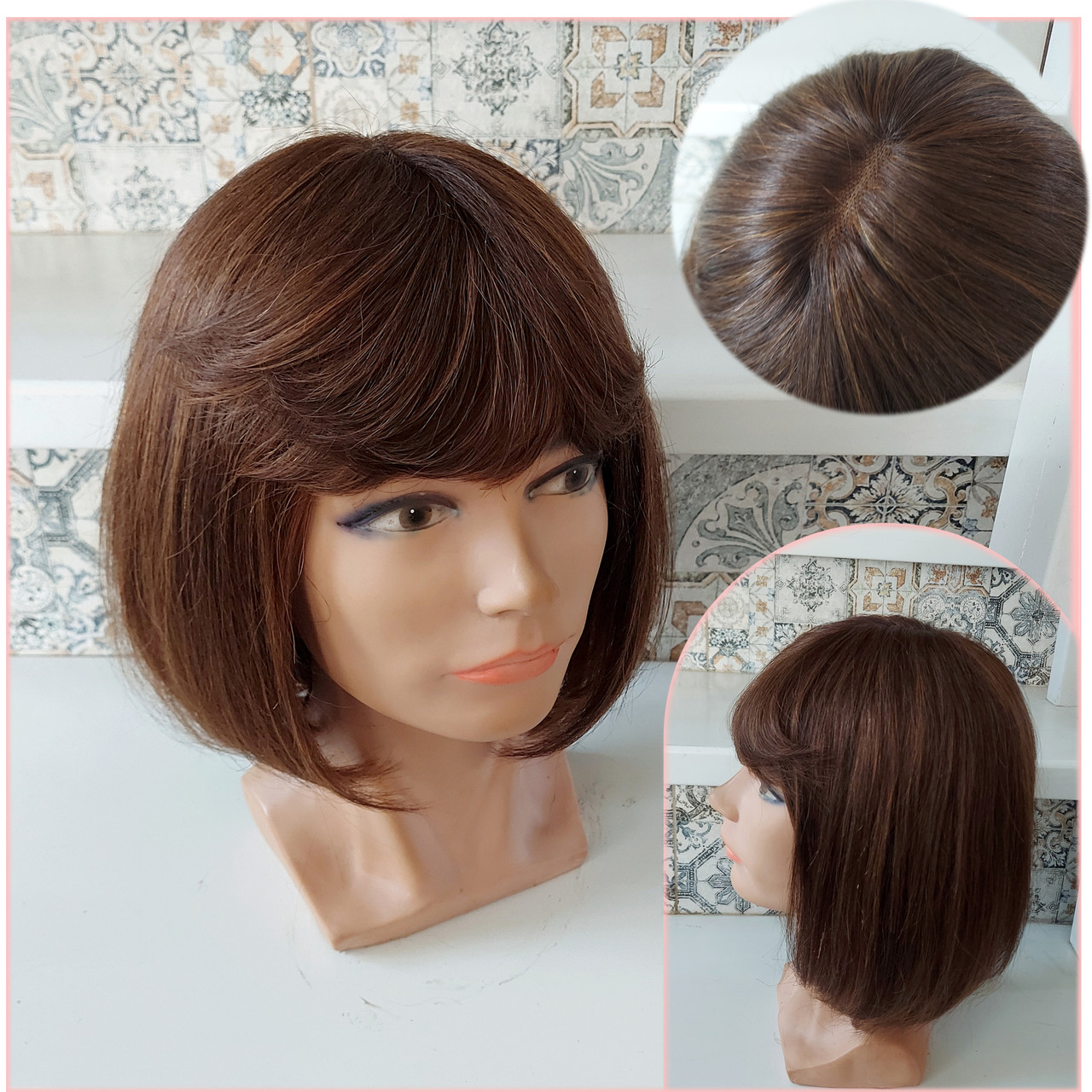 Перука з натурального волосся каре з чубчиком і проділом шоколадно-мідний ERIN mono 10"- P4/30, фото 1
