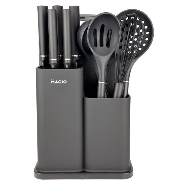 Кухонний набір Magio MG-1097B 12 предметів 5 ножів 5 кухонних речей підставка та дошка