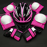 Якісний комплект захисту, шолом жовтогарячий + чорні наколінники, налокітники, рукавички, фото 2