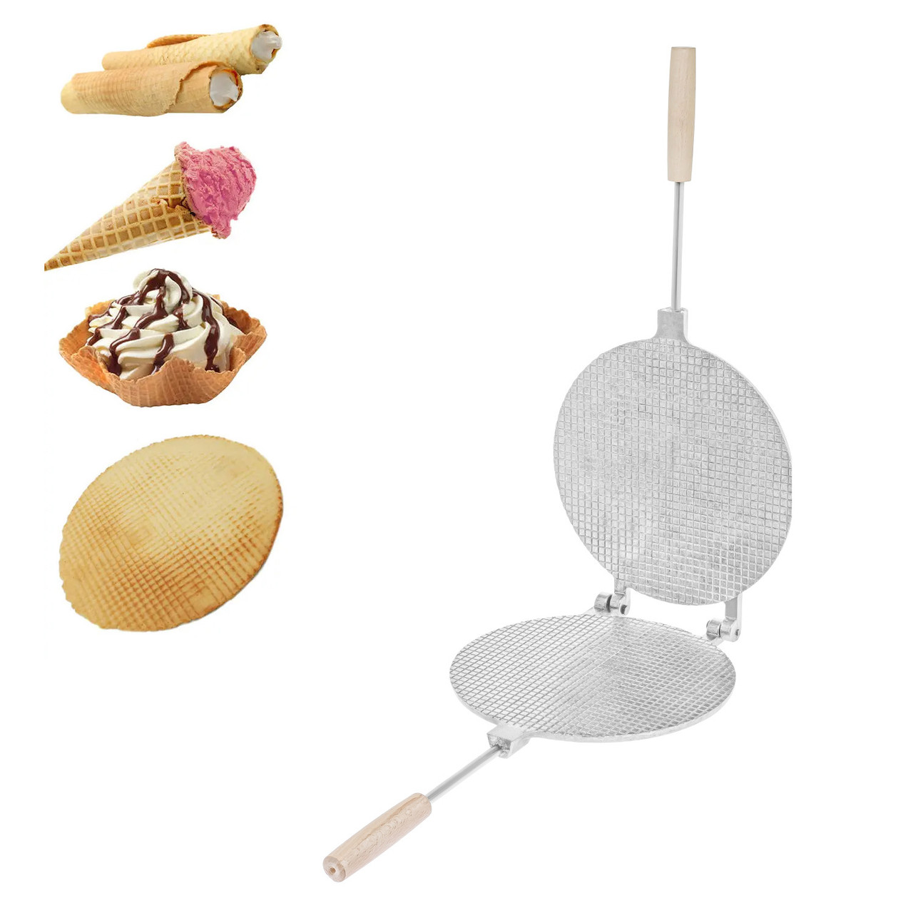 Вафельниця форма для випічки вафельних коржів кругла 220 мм (велика, дерев'яні ручки, квадрати), фото 1