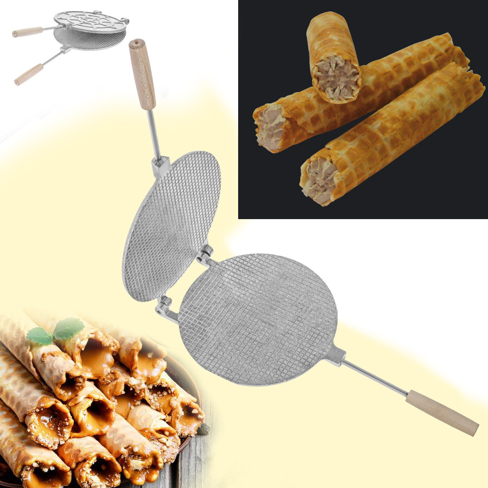 Форма для випічки вафельних трубочок вафельниця кругла 220 мм (велика, дерев'яні ручки, квадрати)