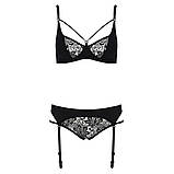 Комплект білизни Passion PAULINE SET чорний для романтичних вечорів ліф стринги пояс для панчіх, фото 5