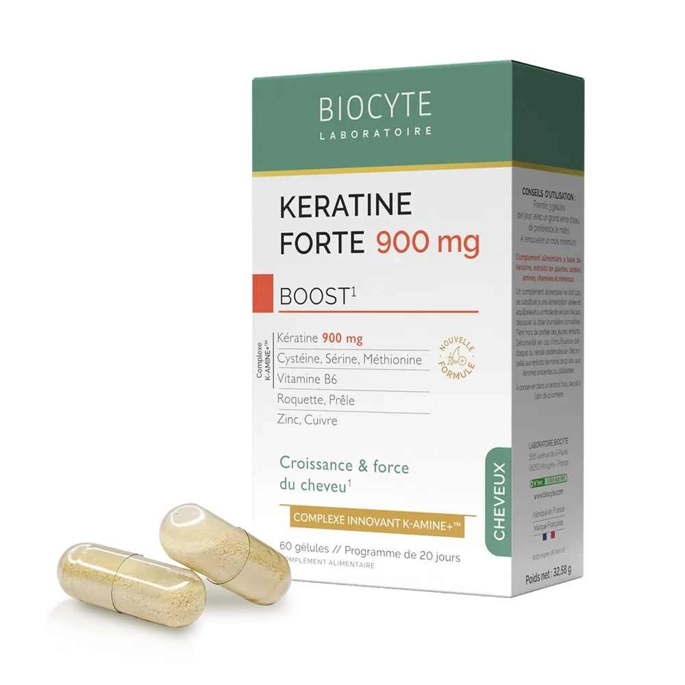 Biocyte KERATINE FORTE 900MG BOOST PACK K-Amine Зміцнює та допомагає відростити довге волосся, 60 капсул