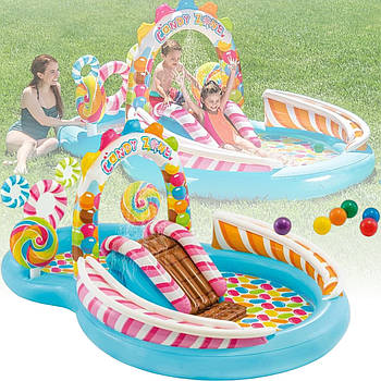 Надувний розвиваючий ігровий центр з басейном 259х191х130 см і гірка з фонтаном Солодощі 206 л Intex 57149