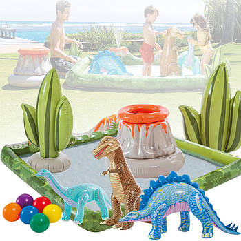 Надувний ігровий центр-басейн 201x201 см з фонтаном Діноленд на 410 л Intex 56132 Дитячий басейн