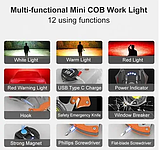 Акумуляторний LED-ліхтарик W5143-COB (white+yellow+red), multitool, Li-Ion акум., магніт, карабін, викрутка, фото 4