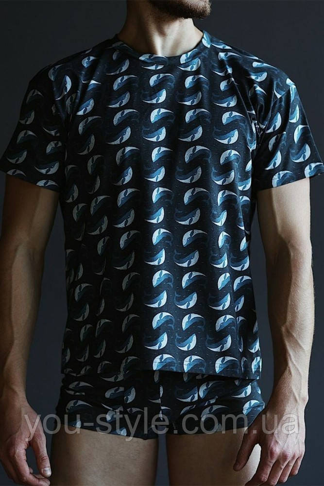 Чоловіча бавовняна білизна боксери та футболка Whale Without Dark Blue