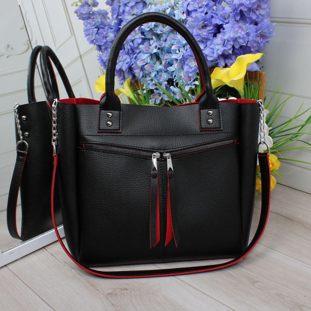 Велика жіноча сумка формат А4 на плече містка чорна з червоним шкірозамінник