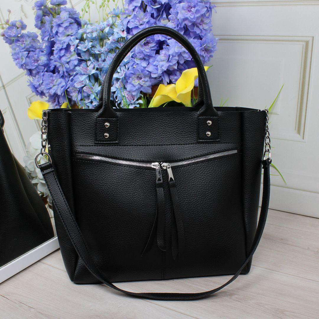 Велика жіноча сумка формат А4 на плече містка чорна шкірозамінник, фото 1