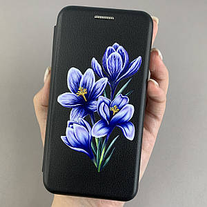 Чохол-книга для Samsung Galaxy J7 (2015) j700 чорна з принтом синьої квітки на телефон самсунг дж700 q06r
