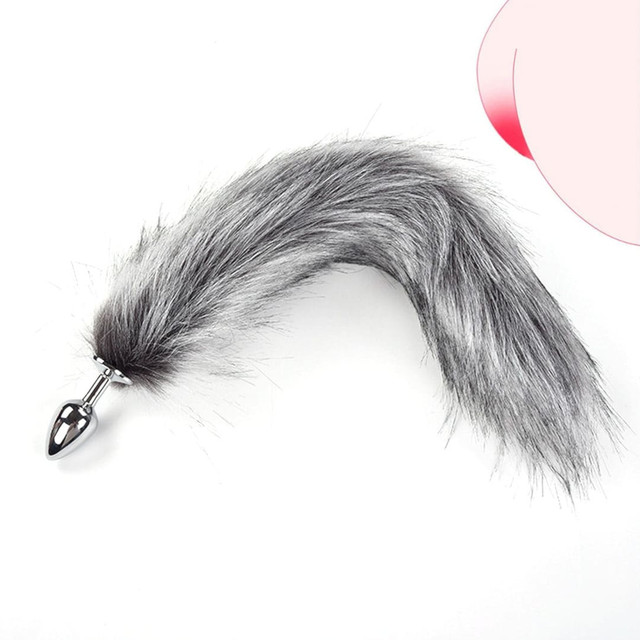 пробка для ануса хвіст лисиці сірого кольору, втулка анальна