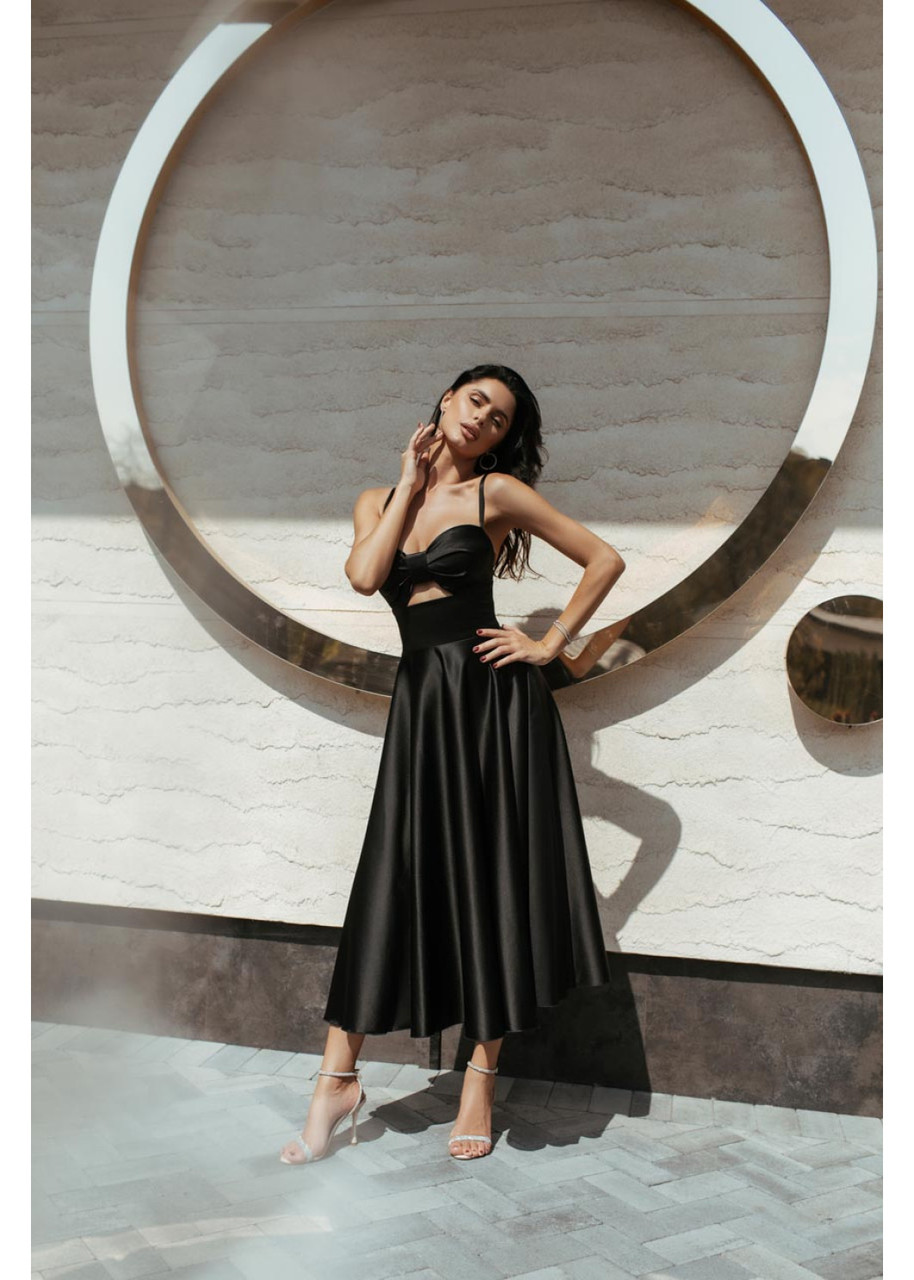 Вечірня чорна розкішна сукня атласна міді з пишною спідницею, фото 1