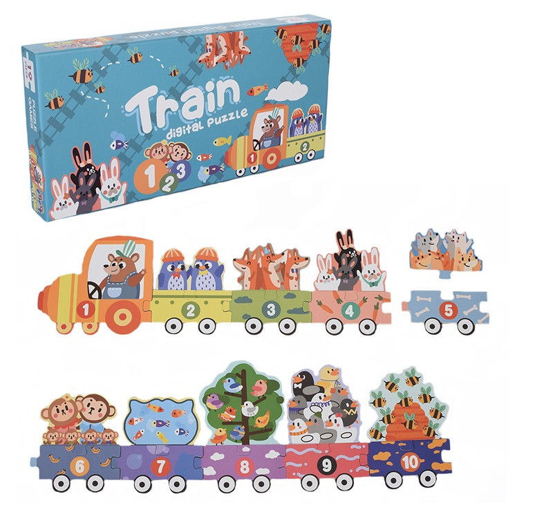 Дерев'яна іграшка Пазли (поїзд із тваринами та цифрами) MD 1878, фото 1
