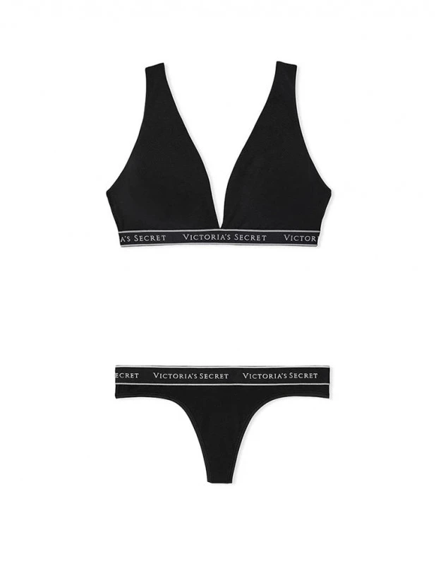 Комплект Білизни Victoria's Secret Cotton Wireless Lounge Топ-бралет і трусики-стрінги, Чорний, фото 1