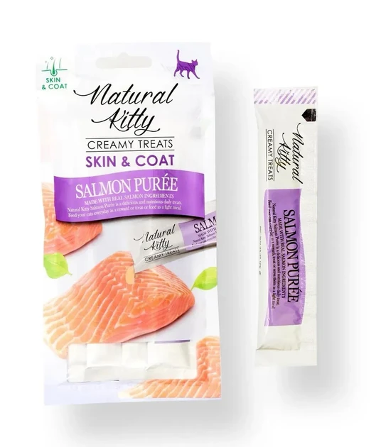 Ласощі для кішок Natural Kitty Functional Cream Treat Salmon Puree Skin & Coat пюре з лососем, 4 шт х 12 г