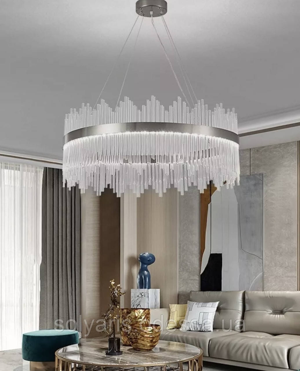 Елітна підвісна кришталева діодна люстра в зал, 200 Вт, срібна люстра 80см, фото 1