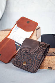 Міні гаманець - жабка чоловічий шкіряний темно-коричневий тиснення Плин Часу