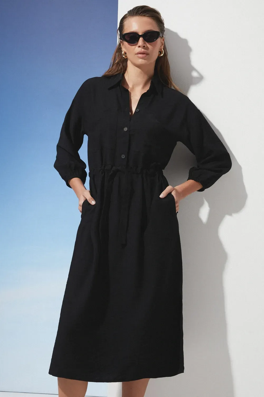 Сукня - сорочка міді з льону Boho з довгими рукавами та кишенями літо / весна 42-52 розміри чорна, фото 1