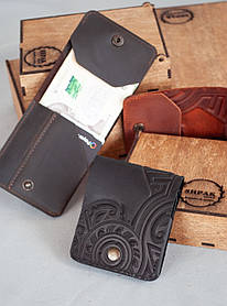 Міні гаманець - жабка чоловічий шкіряний чорний з тисненням Плин Часу