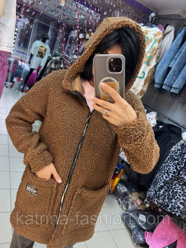 куртка тедди коричневая женская удлиненная