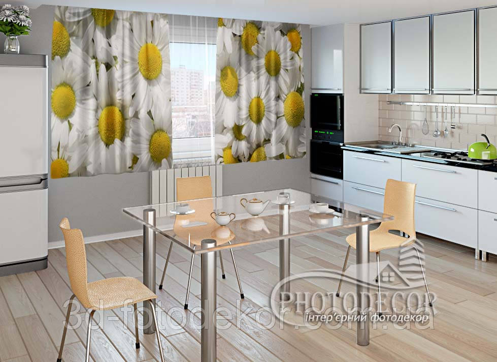 Фото Штори для кухні "Ромашки" висота - 1,30м, ширина - 2,90м (2 полотна по 1,45м), тасьма, габардин
