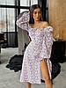 Вишукана молочна муслінова приталена сукня міді в квітковий принт з відкритими плечима та розрізом, фото 9