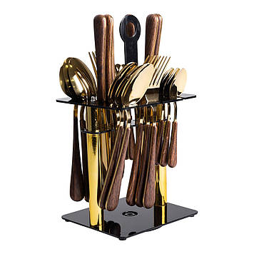 Набір столових приборів на 6 персон з дерев'яними ручками на підставці столові прибори 24 шт Золото HP-20-2