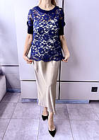 Блуза женская синяя кружевная нарядная c коротким рукавом