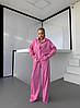 Рожевий жіночий базовий повсякденний костюм-двійка з котону: широкі Штани та Сорочка на ґудзиках, фото 8