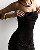 Чорна жіноча розкішна довга облягаюча сукня-бандо з віскози з драпіруванням та акцентом на талії, фото 4
