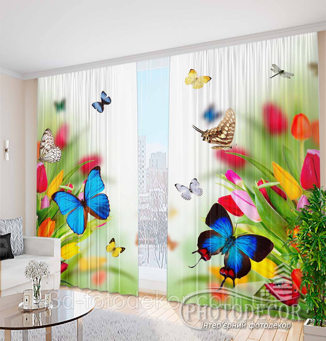 Фото Штори "Тюльпани з метеликами", висота - 3,0м, ширина - 2,9м (2 полотна по 1,45м), тасьма