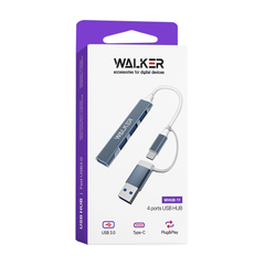 Перехідник USB HUB 4в1 Walker WHUB-11 USB+Type-C to USB 3.0 (4 USB порти), сірий