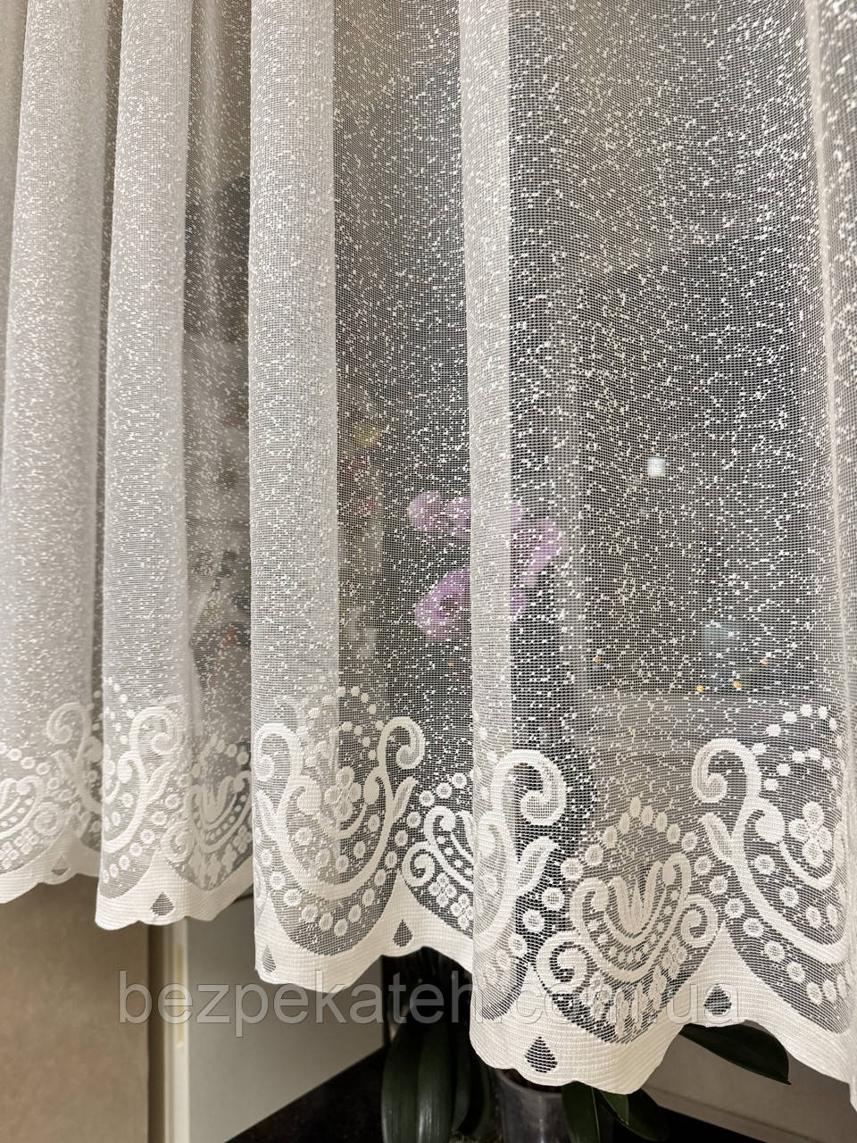 Тюль 1.20 м. Коротка жакардова тюль на кухню до підвіконня. Тюль жакард короткий. Кухонна тюль, фото 1