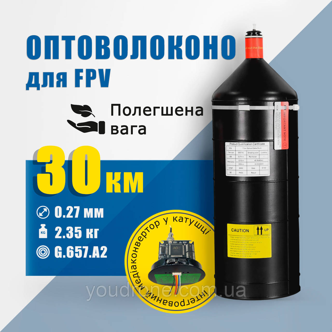Модуль з оптоволокном 30 км (0.27 мм), повітряний блок оптоволокна для FPV-дрону. Оптоволоконна котушка, захист від РЕБ, глушіння.
