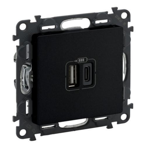 Legrand Зарядний пристрій з двома USB-роз'ємами тип А+типС Valena LIFE , 240V, 5V, 3A, матовий чорний