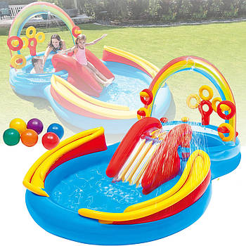 Надувний ігровий центр 297х93х135 см з фонтаном і надувним кільцем на 589 л Intex 57453 Веселка