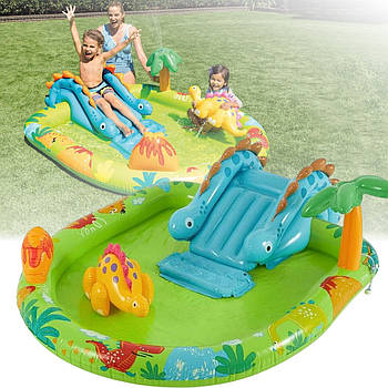 Надувний дитячий ігровий центр-басейн 191x152x58 см з гіркою та фонтаном на 143 л Intex 57166 Динопарк