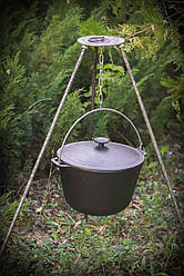 Казан 10 літрів туристичний з кришкою, чавунний казанок з триногою і ручкою для підвішування