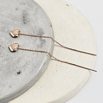 Сережки золоті протяжки з підвіскою серцем без каменів