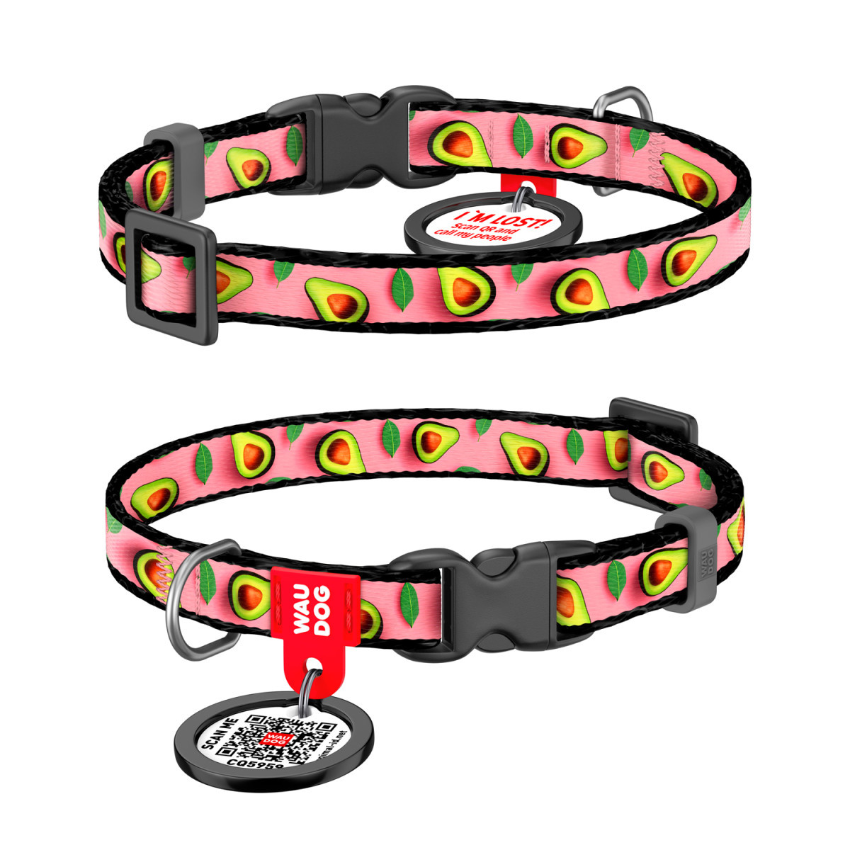 Нашийник нейлон 20-30 см 10 мм Waudog Авокадо на рожевому Nylon Collar для собак та котів, фото 1