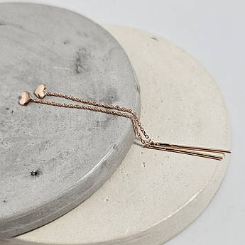 Сережки протяжки із золота з підвісками сердечками без каменів