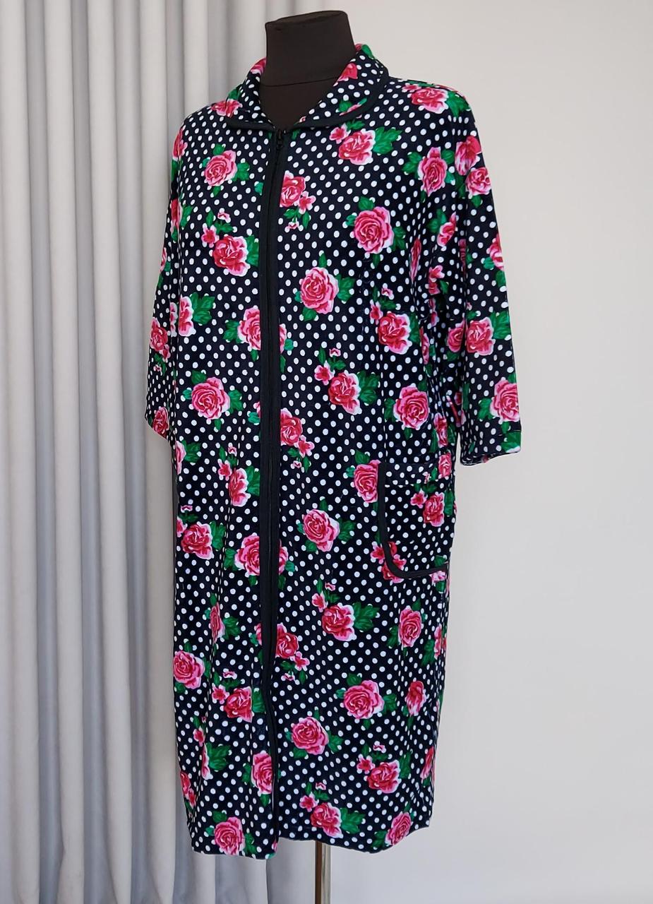 Велюровий жіночий халат на блискавці в горошок з квіточками (з 52 по 64 р), фото 1