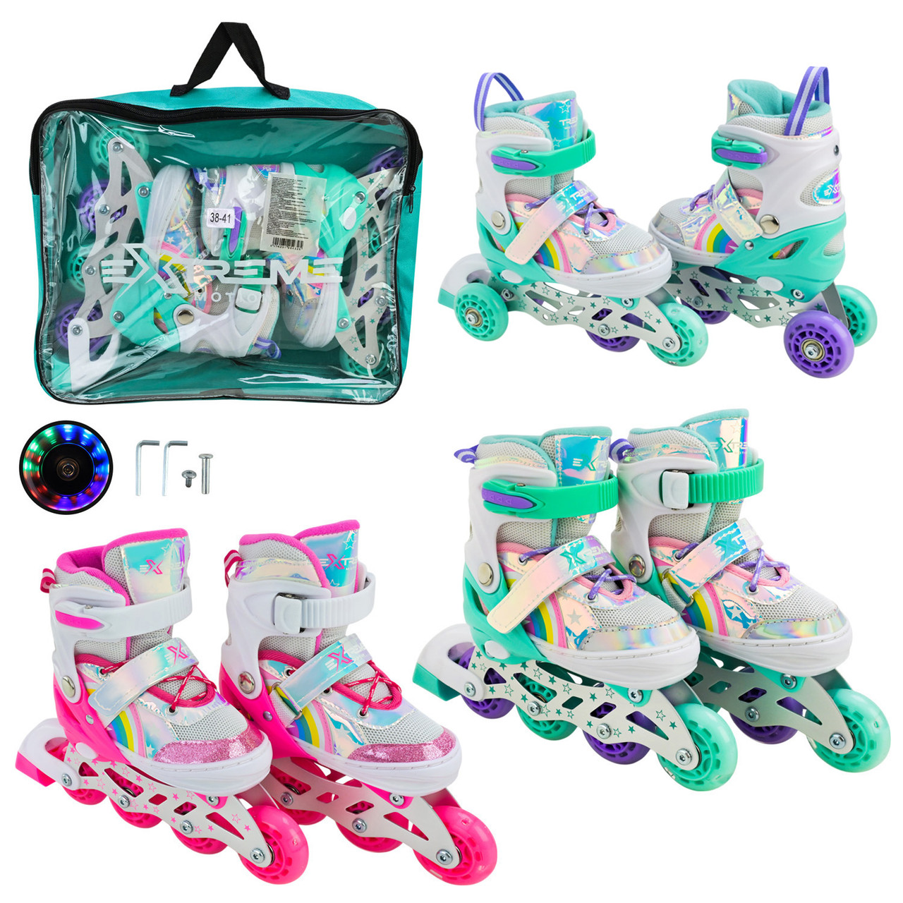 Роликові ковзани розмір L (38-41) колеса PU 1 світло, сумуі 40*30см (6шт), фото 1