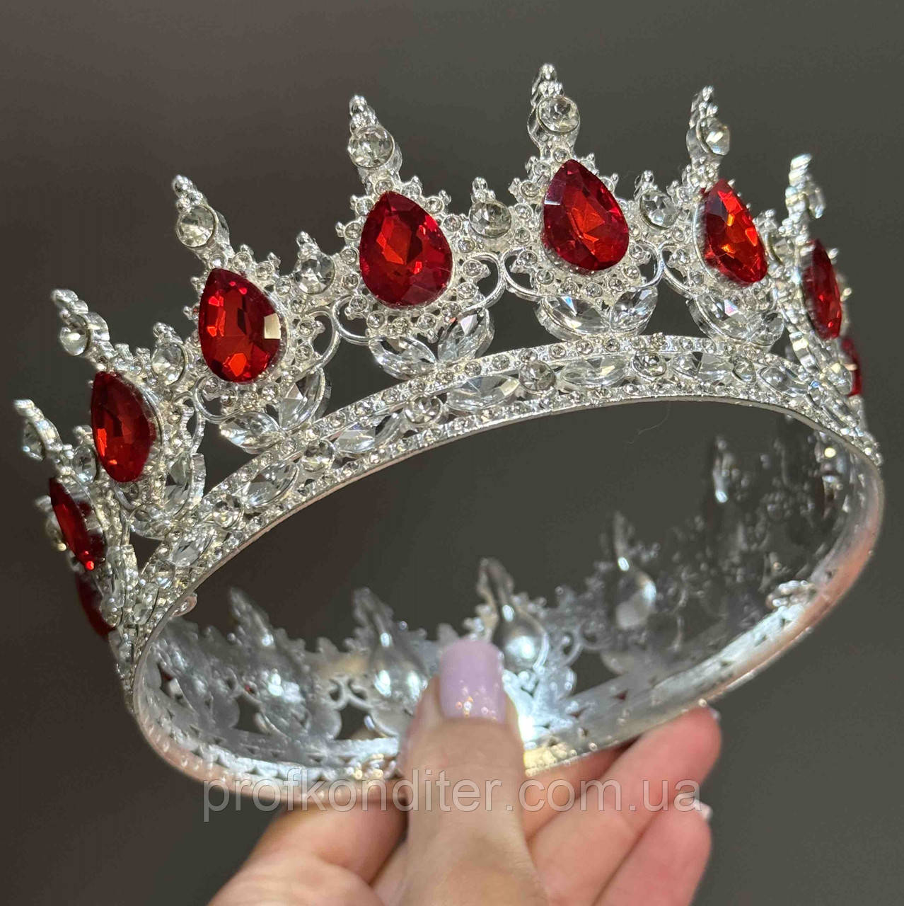 Корона металева для декору СРІБНА з камінцями ЧЕРВОНОГО кольору, фото 1