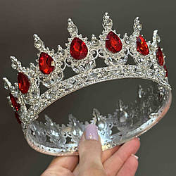 Корона металева для декору СРІБНА з камінцями ЧЕРВОНОГО кольору